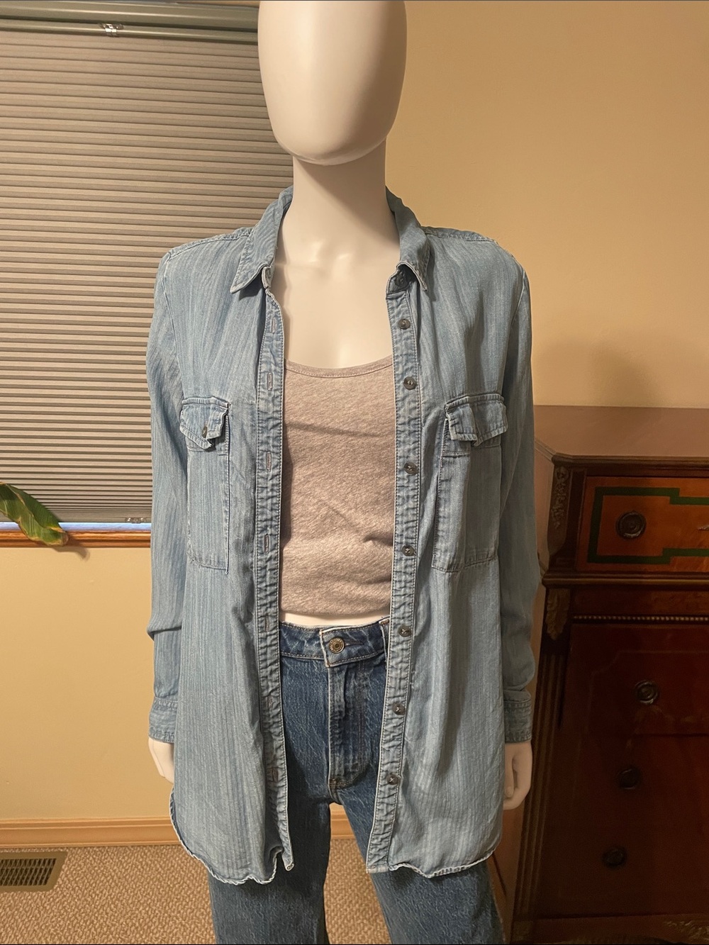 Anthropologie Pilcro Light Wash Blue Denim Chambray Shirt Relaxed Fit EUC